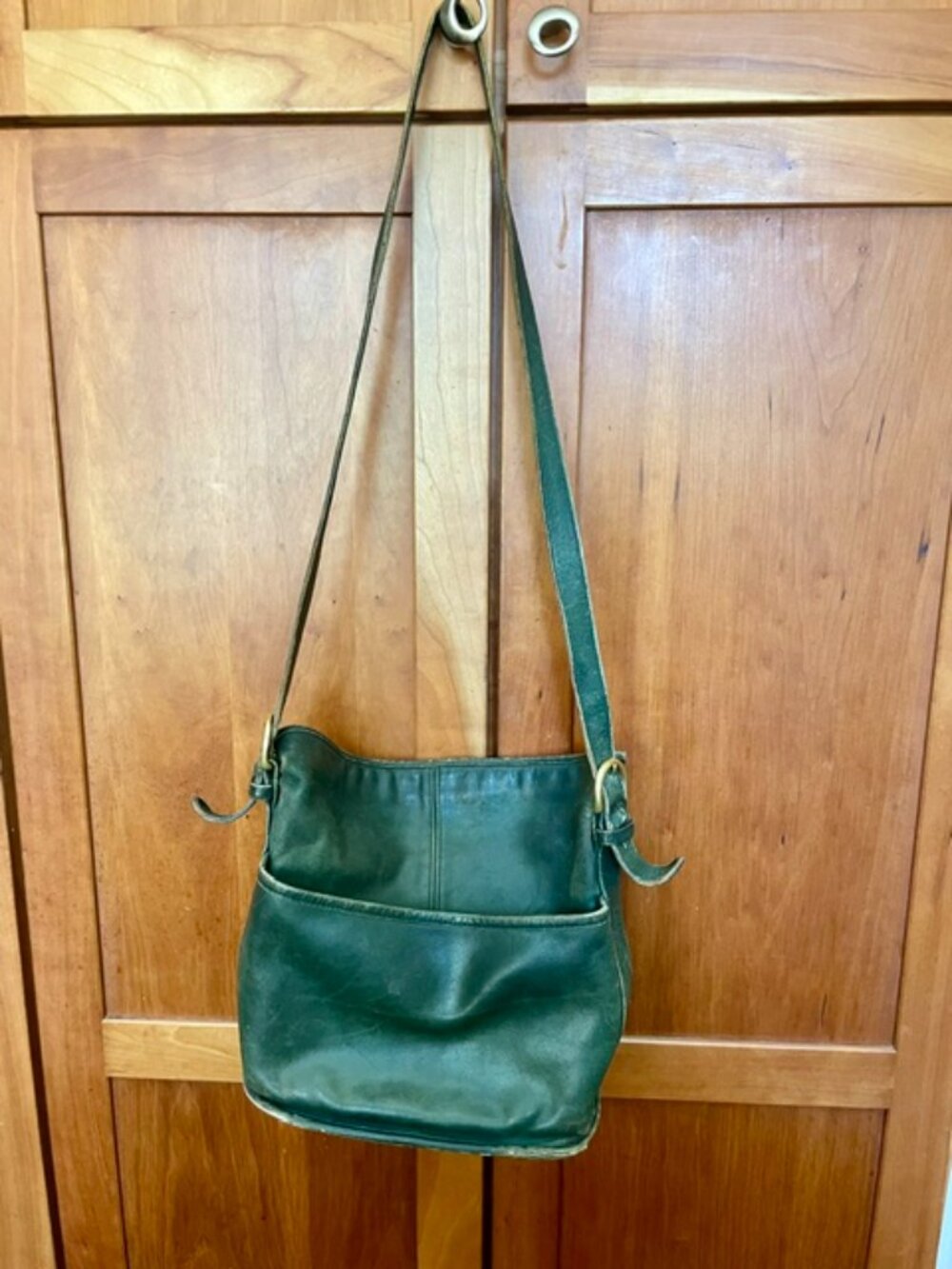 Vintage Forest Green Leather Shoulder Bag Purse w/ Brass Hardware